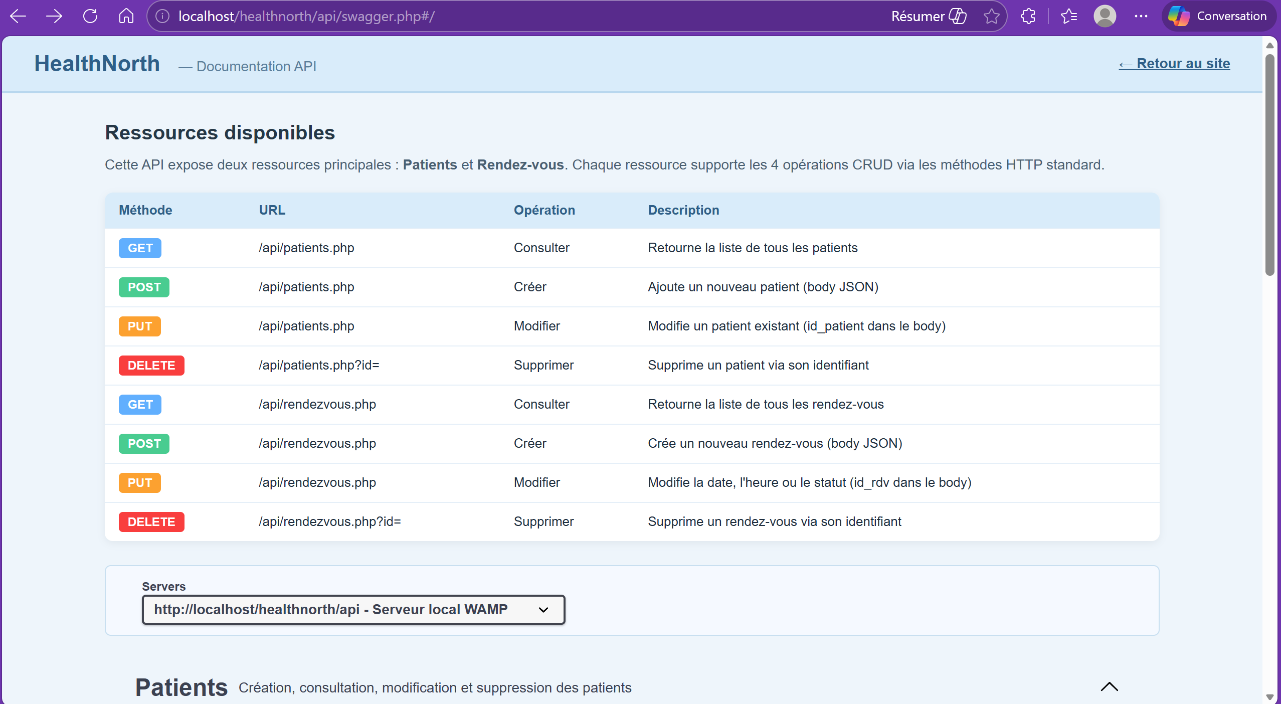 HealthNorth - test de l'API avec Swagger